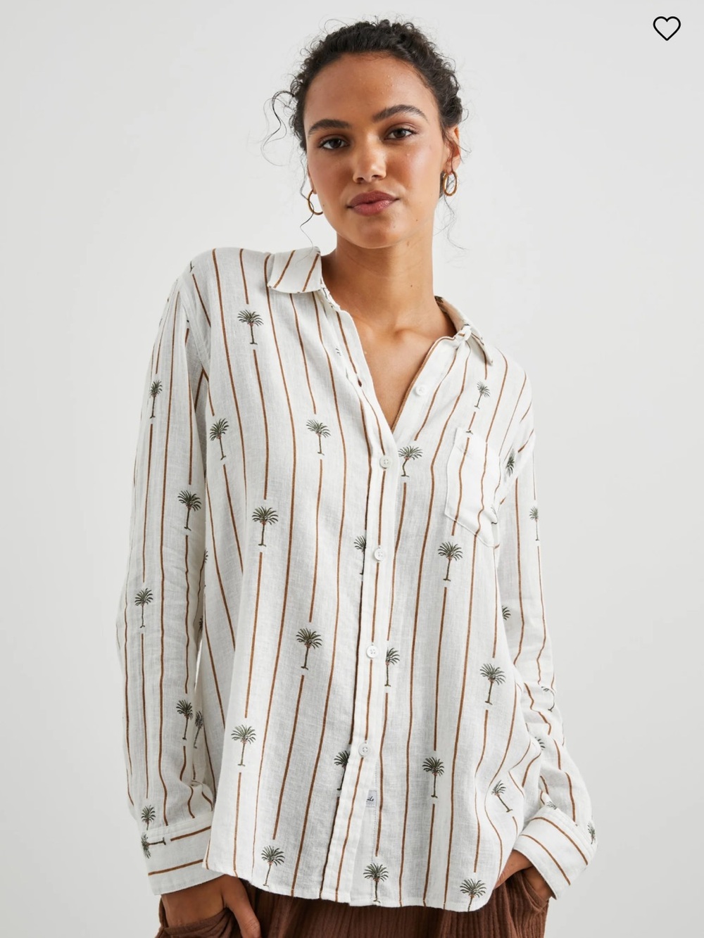 Rails White Button-Down Shirt with Tan Stripes & Green Palm Print